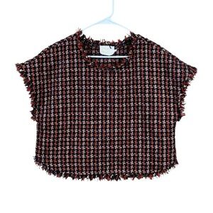 Judith March women's L blouse‎ houndstooth tweed fringe cropped short sleeve top